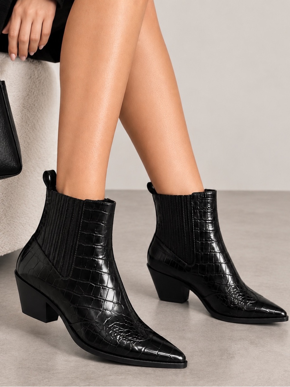 Zara Black Croc-Embossed Pointed Toe Chelsea Western Ankle Boots
